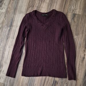 Eddie Bauer Cable Knit V-Neck Sweater - Plum
